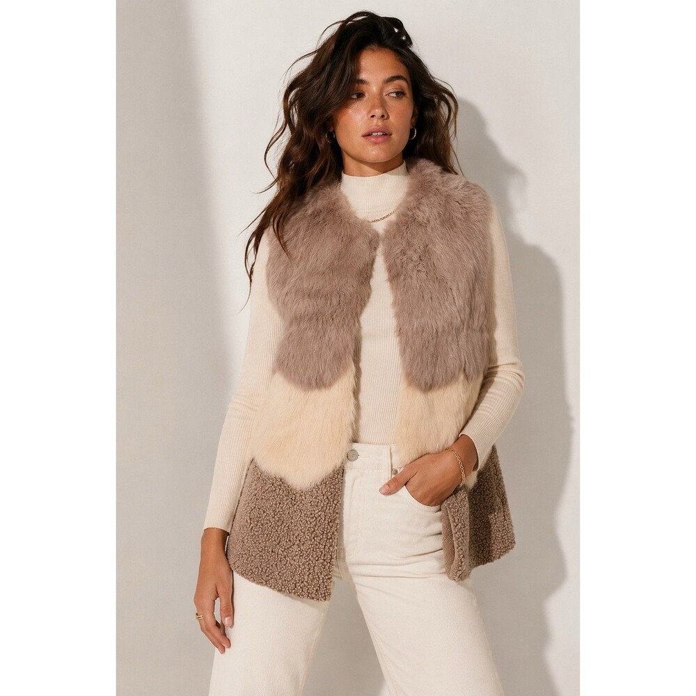 Genuine Rabbit Fur Colorblock Vest Taupe Ivory Shearling Boho Luxury